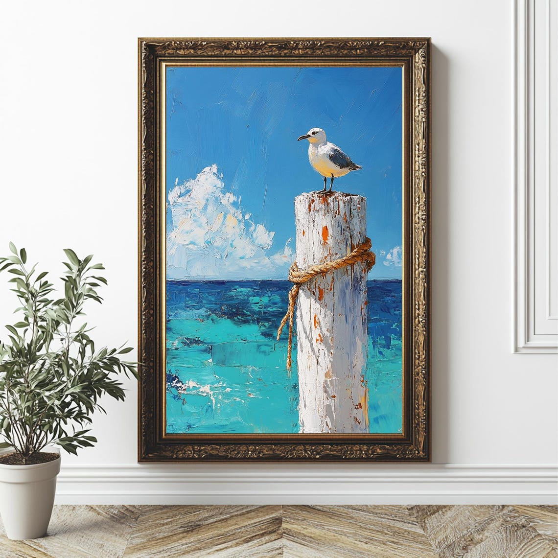 Seagull On A Pole Art Print Bright Blue Sky Wall Art Nautical Home Decor Coastal Scenario Poster Large Blue Wall Art Minimalist Art - Image 2