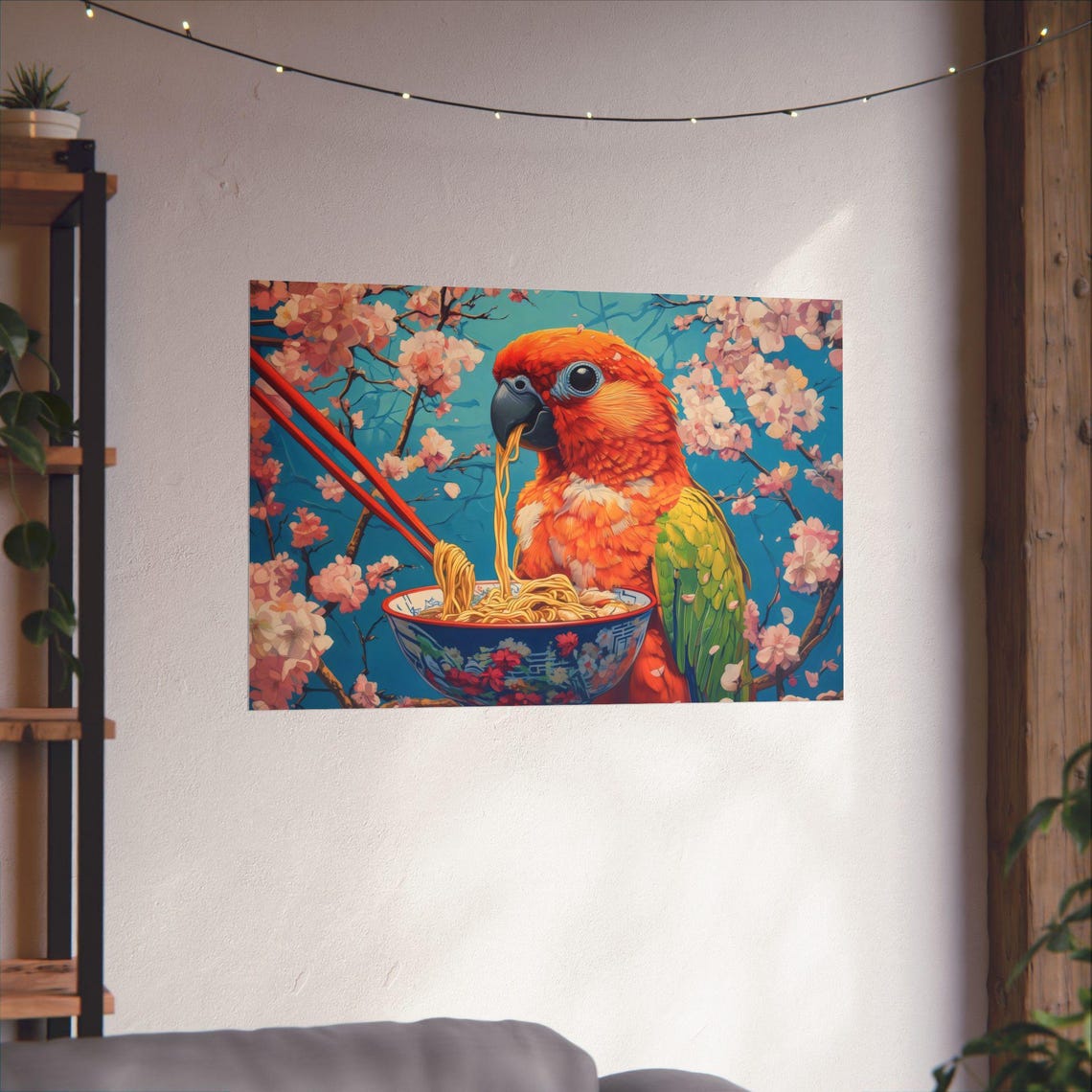 Red Parrot Noodle Bowl Blossom Branch Vibrant Bird Art Wall Print - Image 2