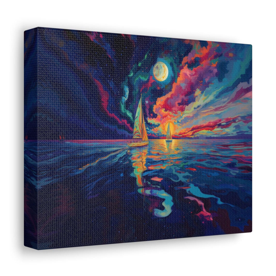 Moonlit Sailboats on Neon Ocean Under Psychedelic Sky Art Print - Image 2