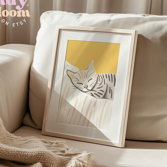 Grey Tabby Cat Sleeping On Sunny White Bedding Peaceful Art Poster