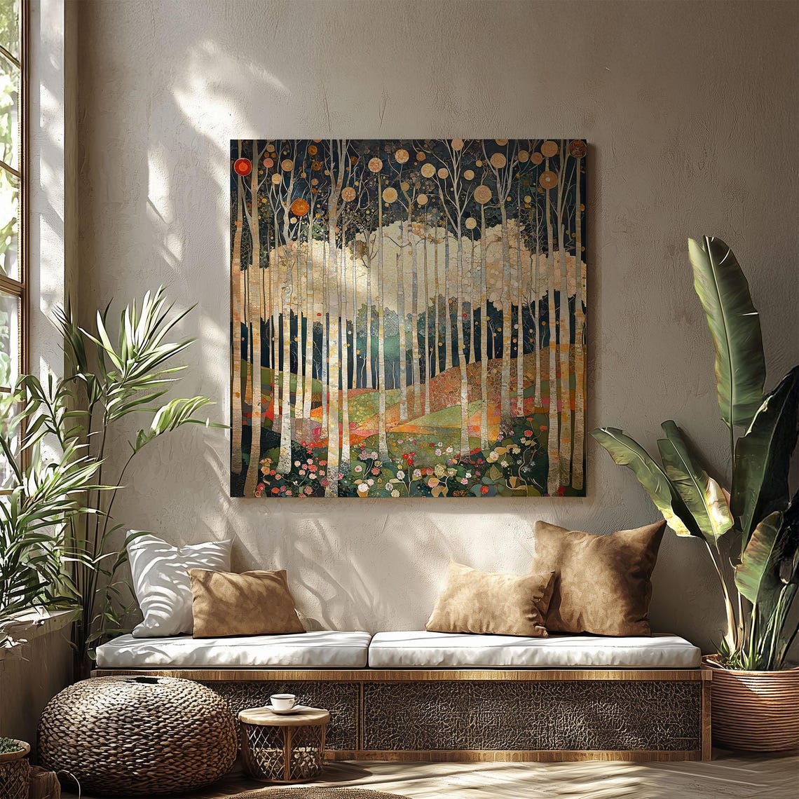 William Morris Style Golden Moon Birch Forest Landscape Art Poster - Image 2