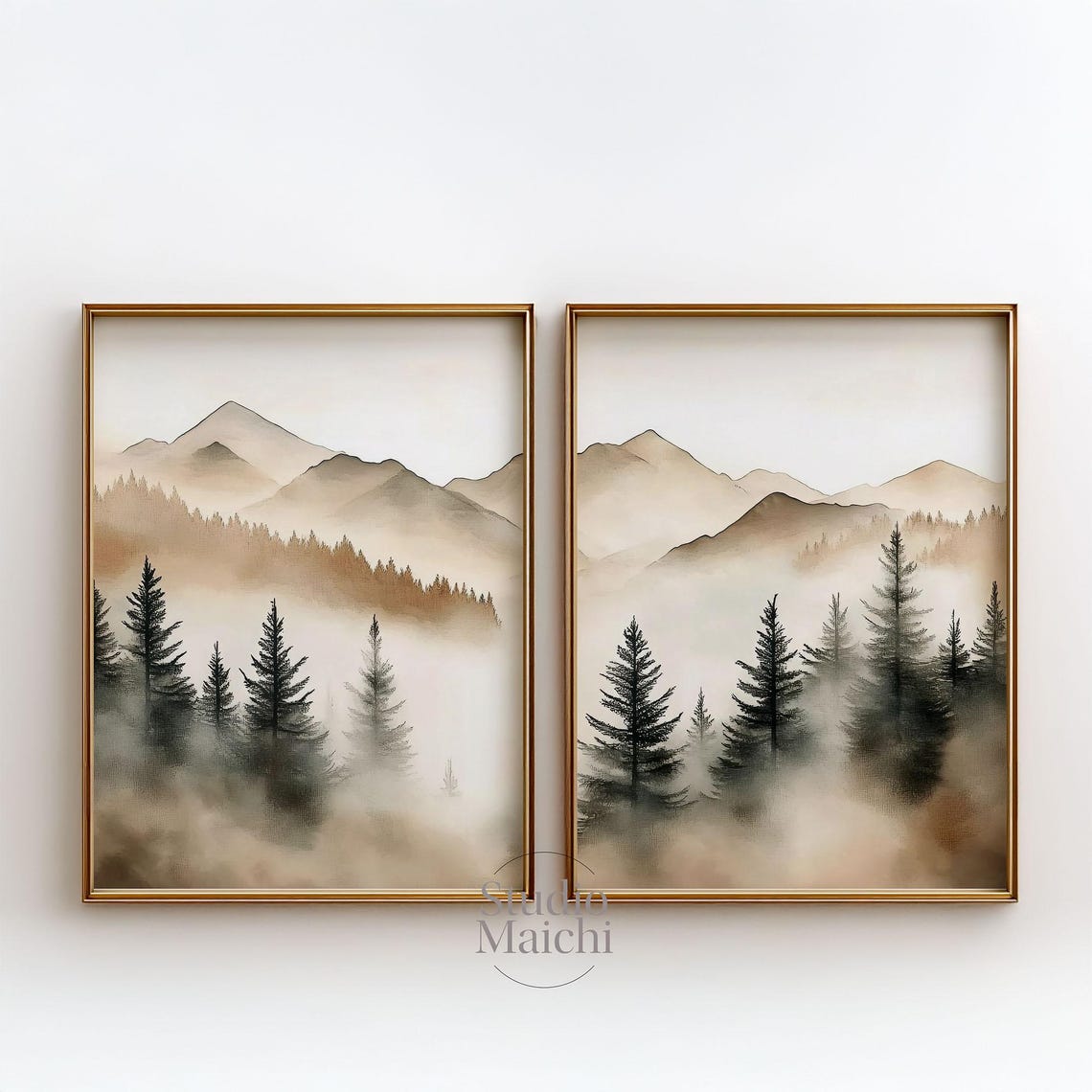 Set of 2 Misty Mountain Pine Forest Beige Watercolor Art Posters