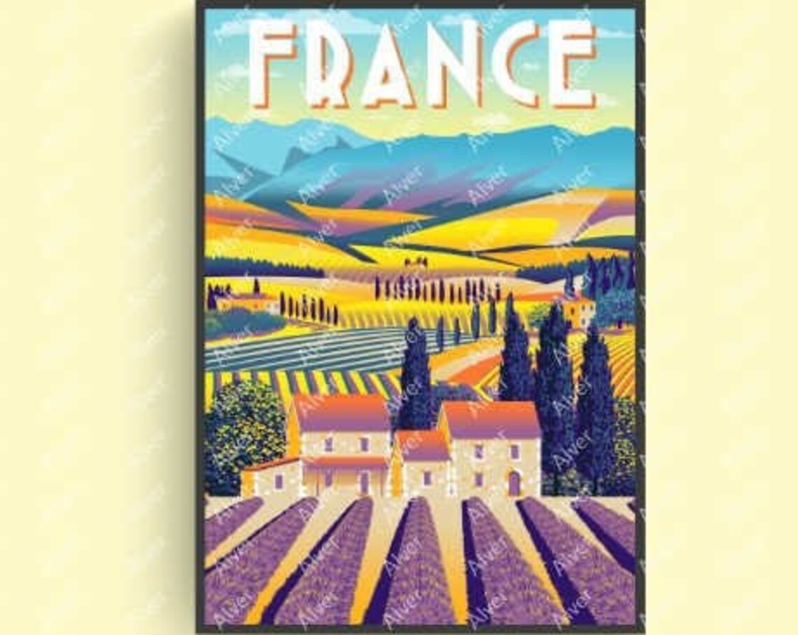France Lavender Fields Farmhouse Cypress Countryside Travel Poster