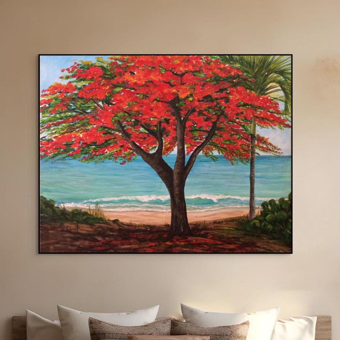 Caribbean Flamboyant Tree Red Blossoms Tropical Beach Ocean Poster