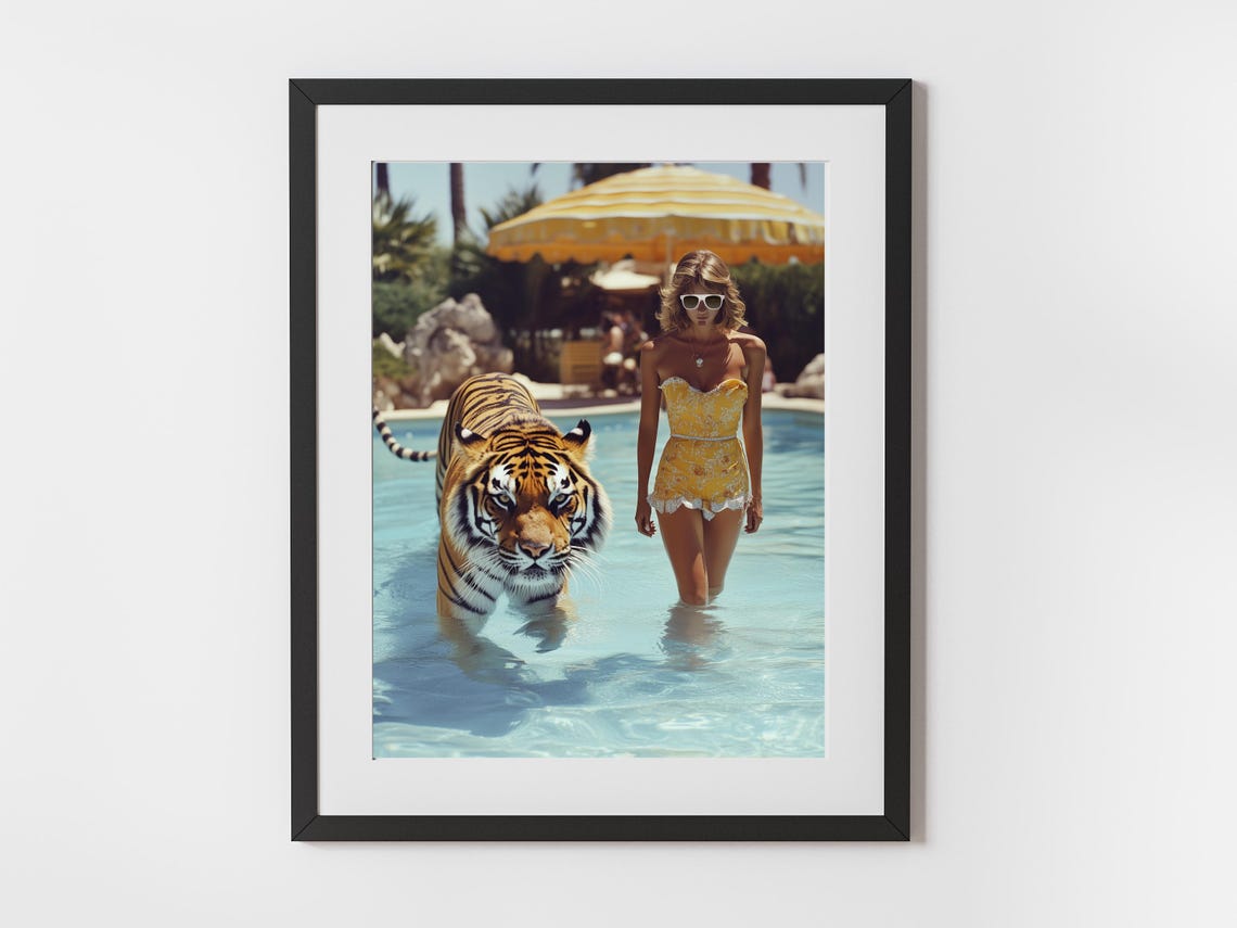 Woman and Tiger Wading in a Retro Resort Pool Glamour Poster