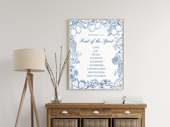 Fruit Of The Spirit Blue Line Art Galatians 52223 Christian Scripture Poster Or Framed Print Home Decor