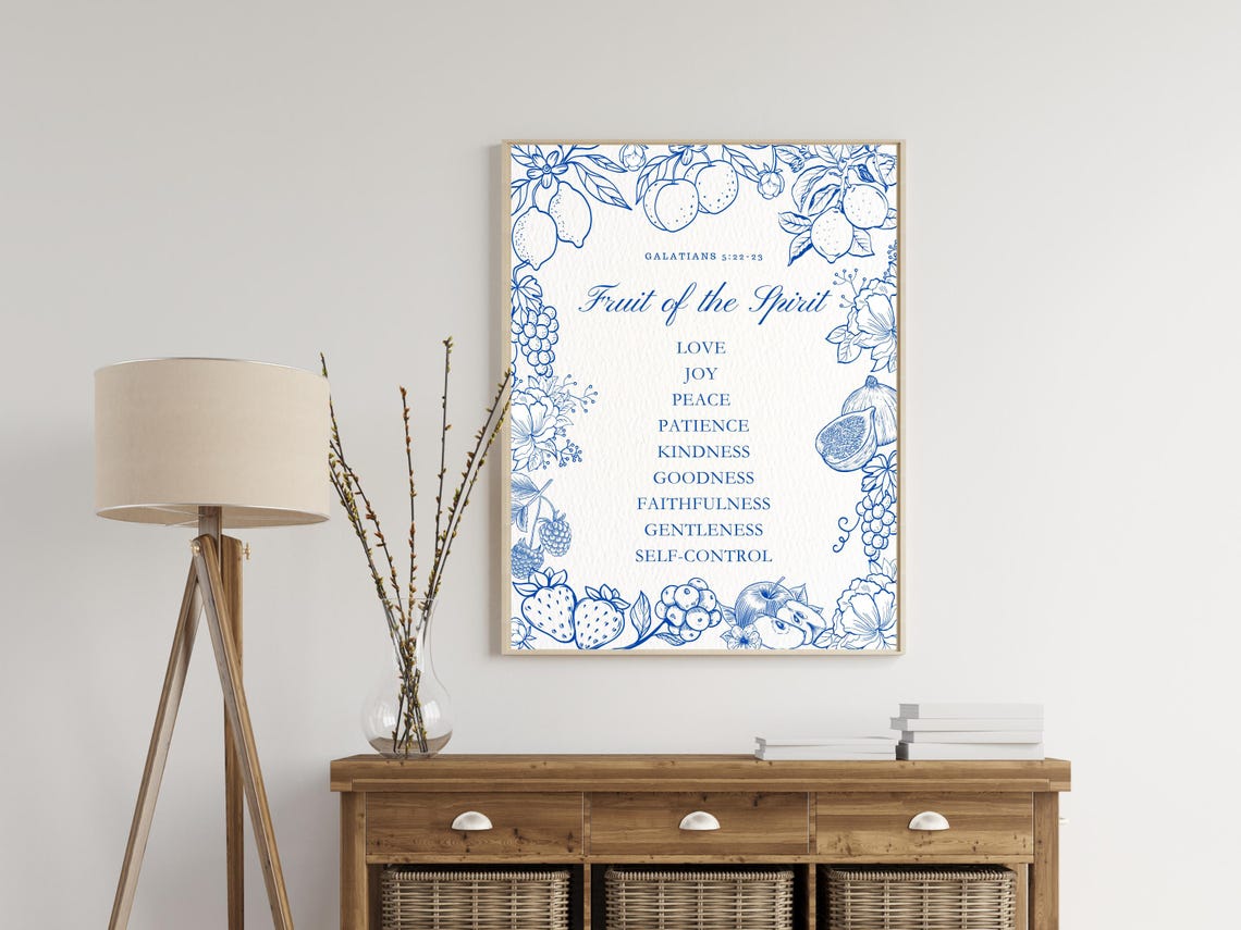 Fruit of the Spirit Galatians 5:22-23 Blue Scripture Art Poster