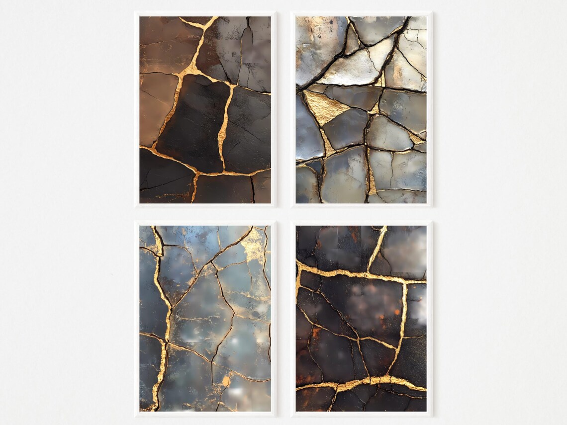 Set of 4 Kintsugi Golden Crack Abstract Spiritual Zen Poster