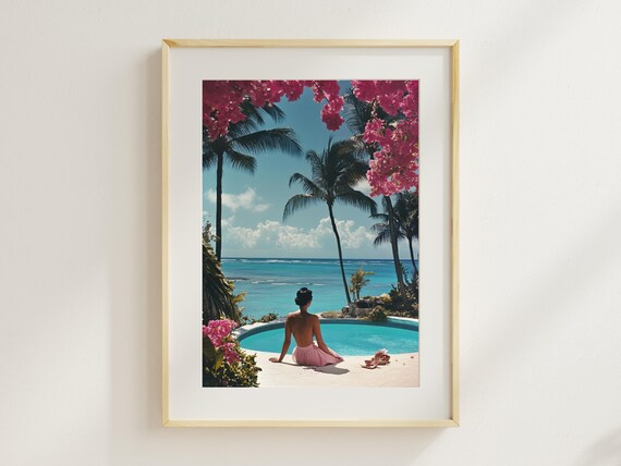 Coastal Glam Woman by the Infinity Pool Ocean View Art Poster