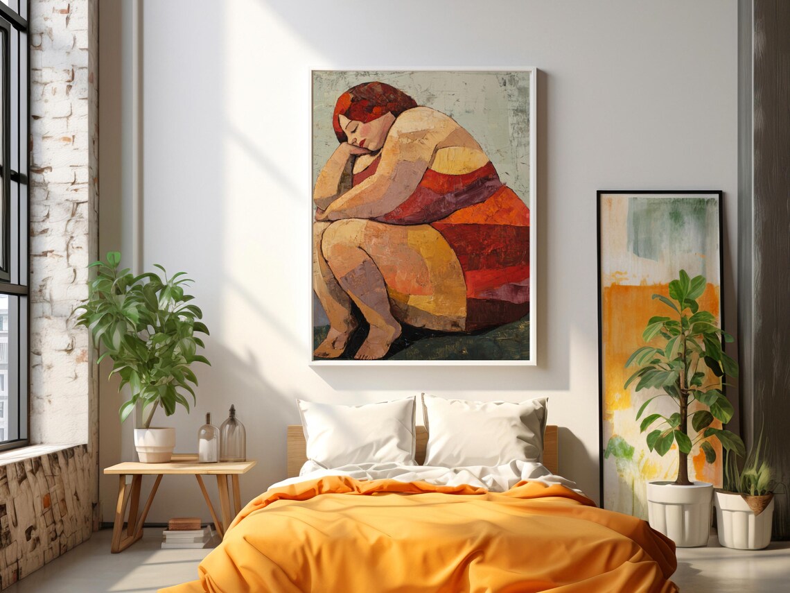 Abstract Cubist Seated Curvy Woman Warm Earth Tones Art Poster