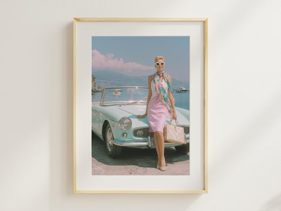 Retro Glamour Woman With Vintage Mint Convertible Car Poster