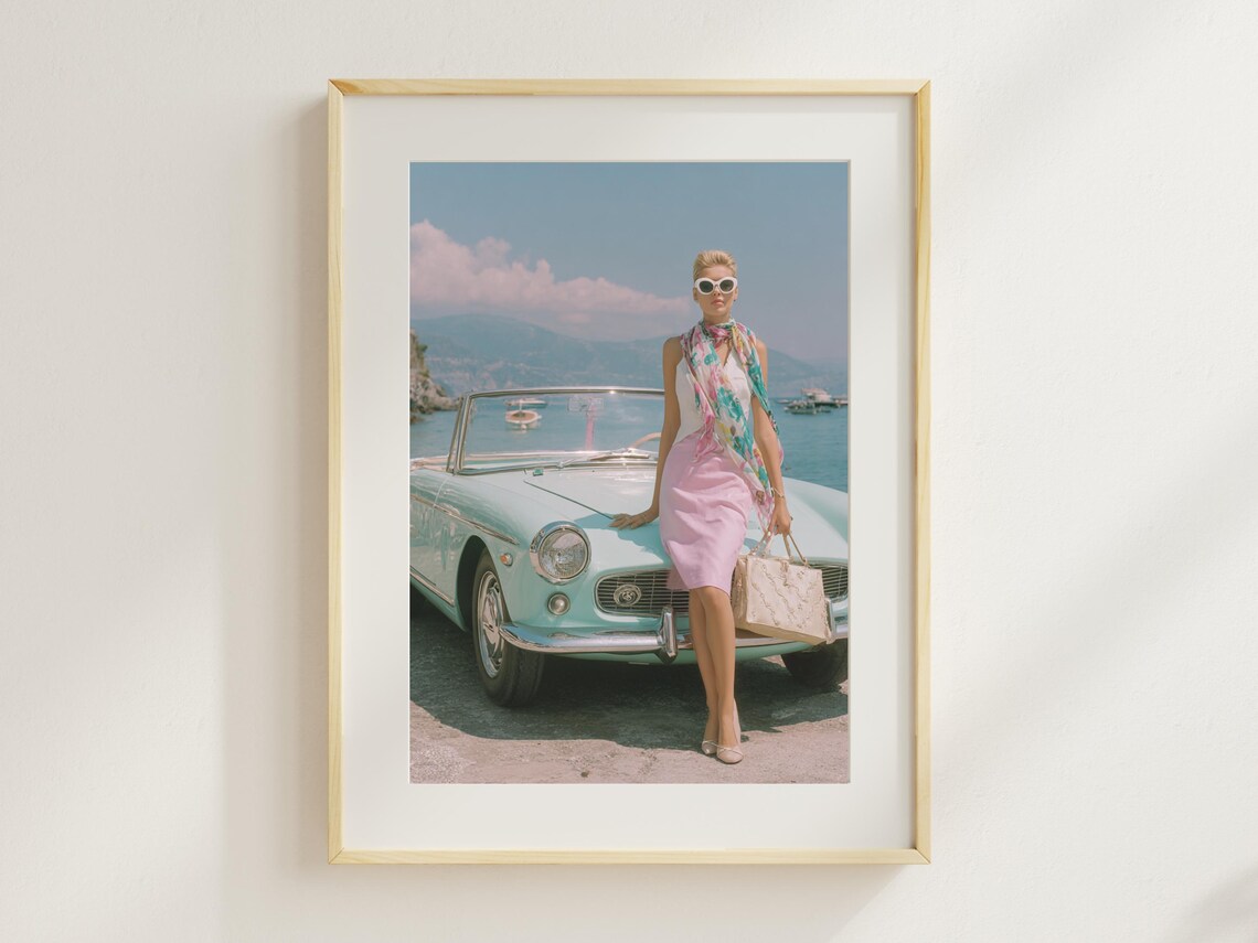 Retro Glamour Woman With Vintage Mint Convertible Car Poster