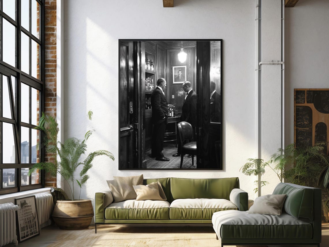 Two Gentlemen Conversing in a Vintage Bar Black and White Poster