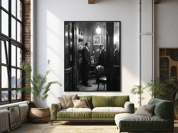 Two Gentlemen Conversing in a Vintage Bar Black and White Poster