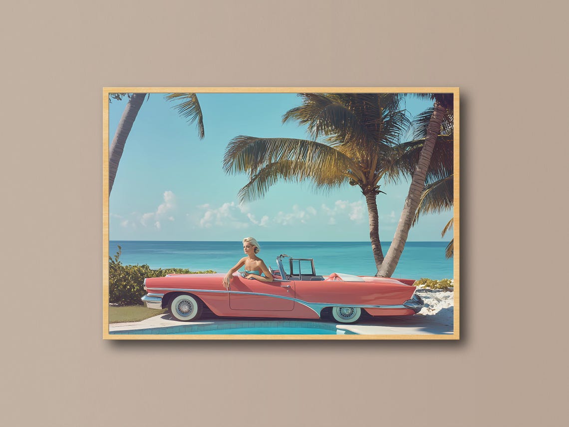 Retro Pink Convertible at the Beach Coastal Glam Summer Poster