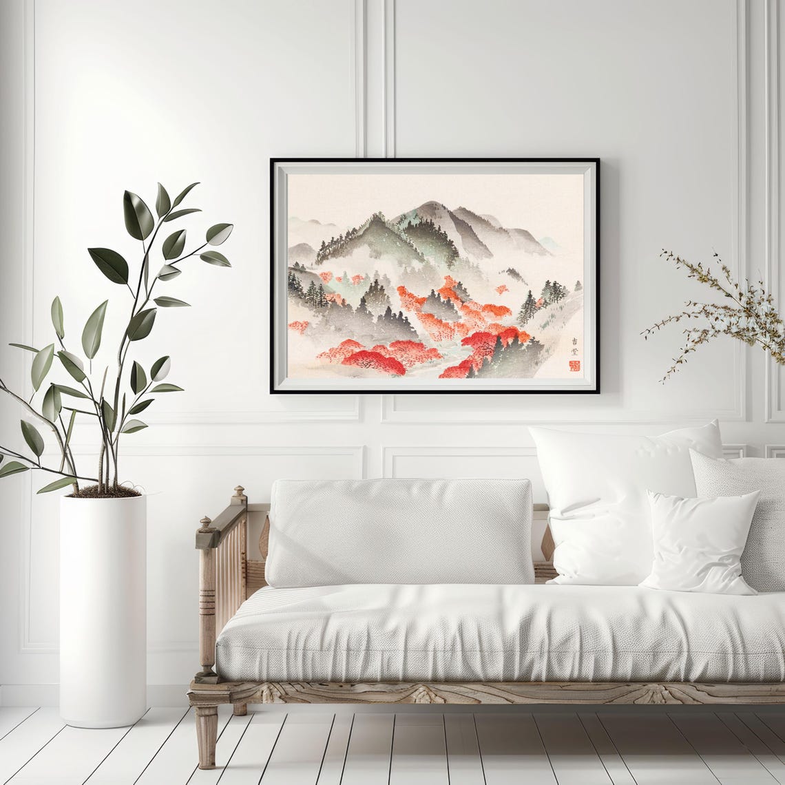 Japanese Misty Mountain Valley With Red Autumn Maples Art Poster - Image 6
