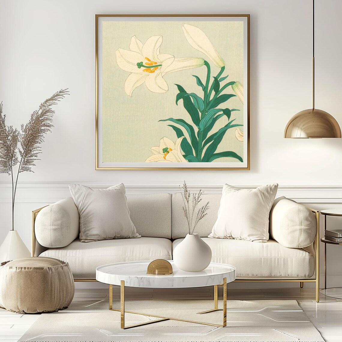 White Lilies Vintage Japanese Botanical Floral Elegant Wall Art Poster
