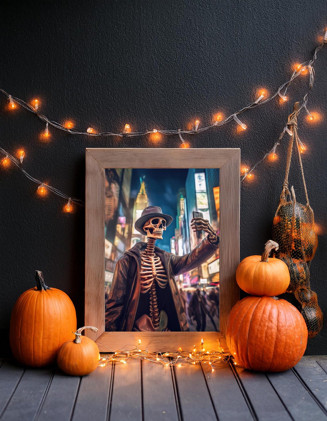 Funny Skeleton Taking Selfie Night City Street Halloween Art Poster - Image 5