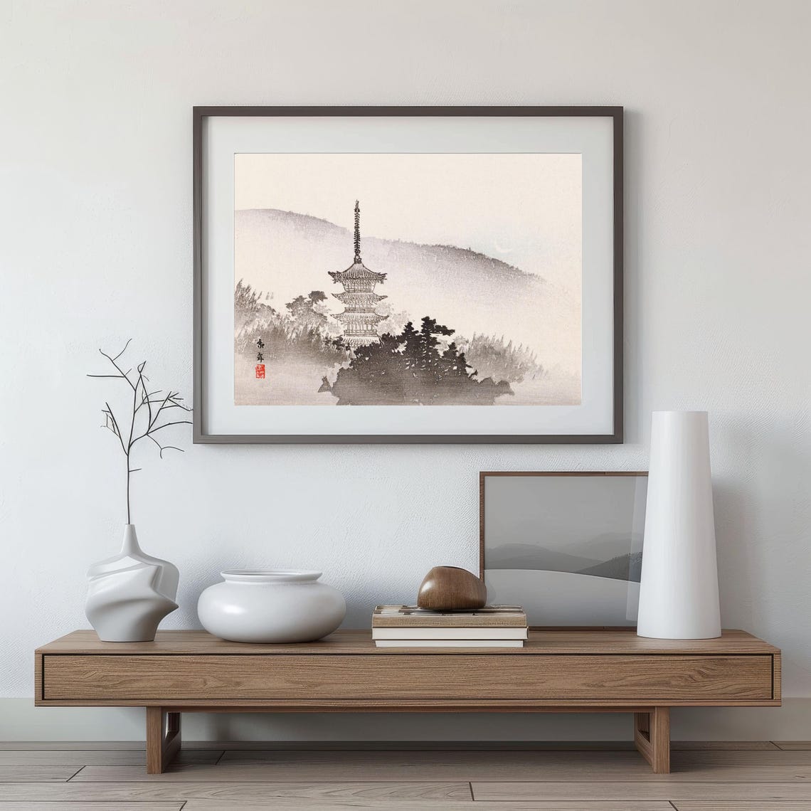 Japanese Pagoda In Misty Mountains Ink Wash Landscape Art Poster - Image 3
