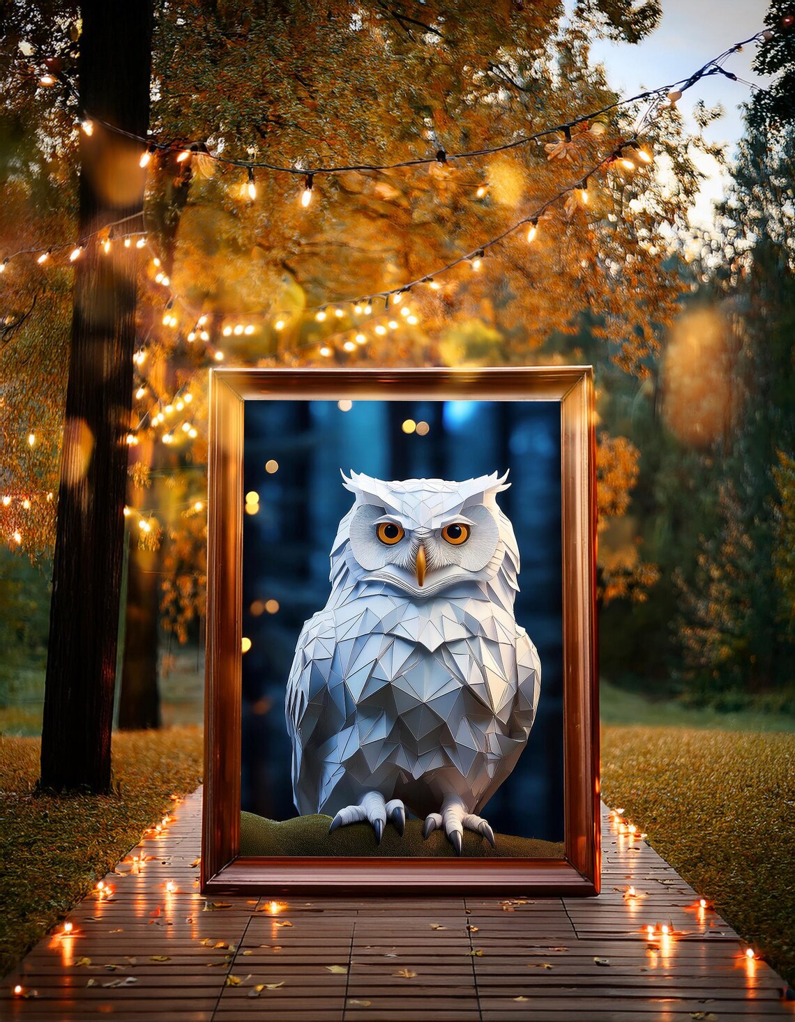 Geometric White Owl Paper Art Amber Eyes Night Moody Animal Wall Art Poster - Image 5