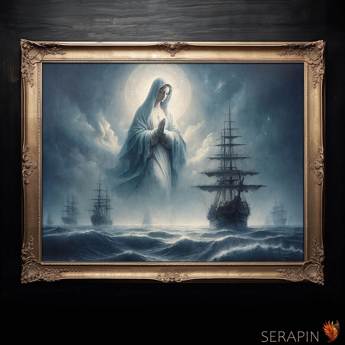 Stella Maris Star Of The Sea Moonlit Virgin Mary Over Tall Ships Stormy Sea Poster