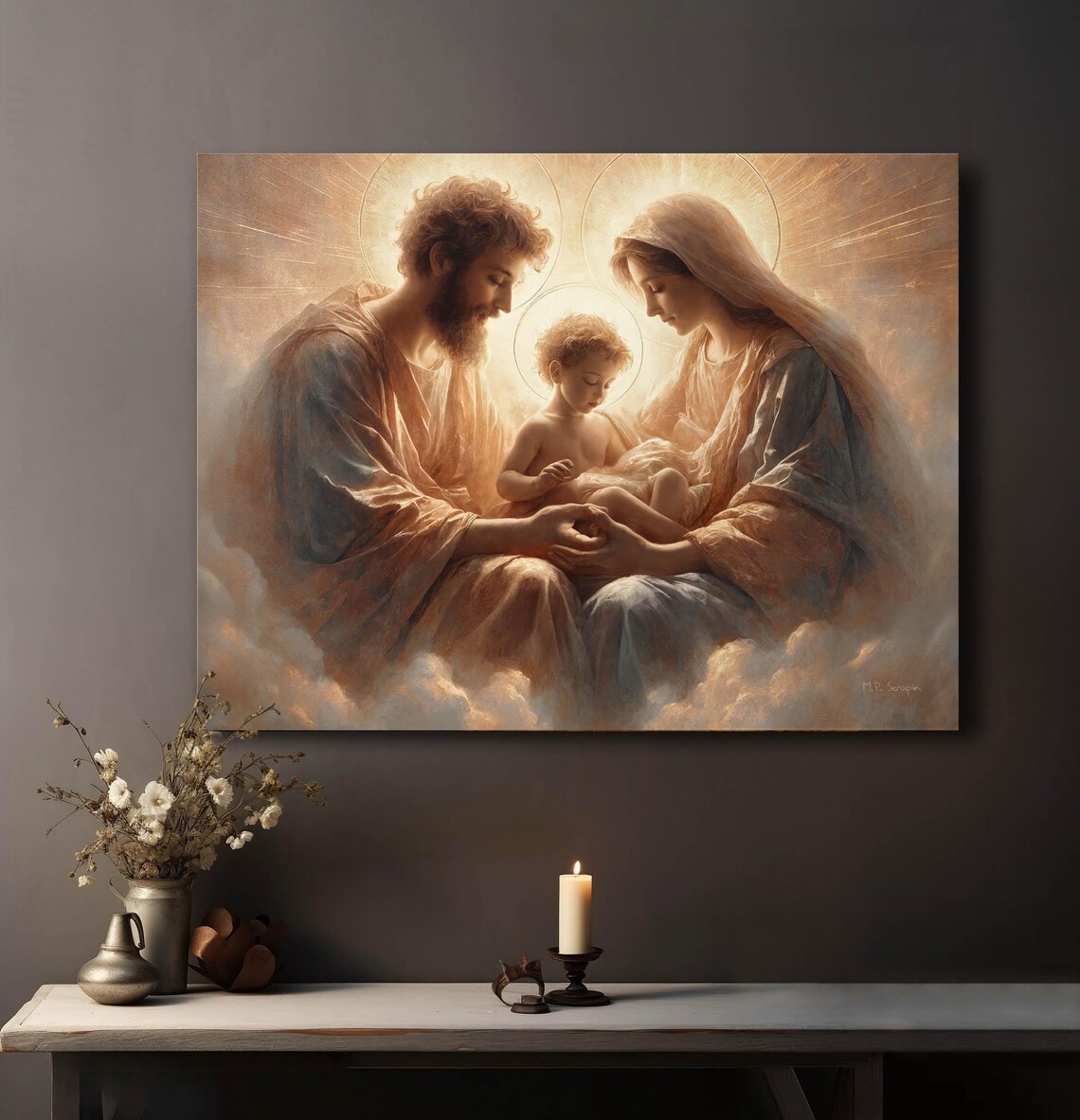 Holy Family Jesus Mary Joseph With Infant In Golden Heavenly Light Poster - Image 2