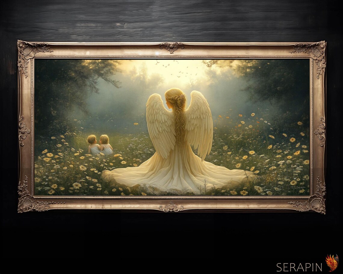 Guardian Angel Watching Over Children In Flower Meadow Panoramic Catholic Poster - Image 6
