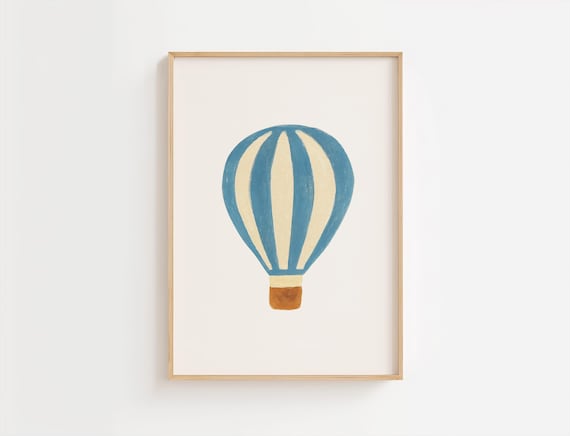 Blue Striped Hot Air Balloon Toddler Nursery Art Simple Print