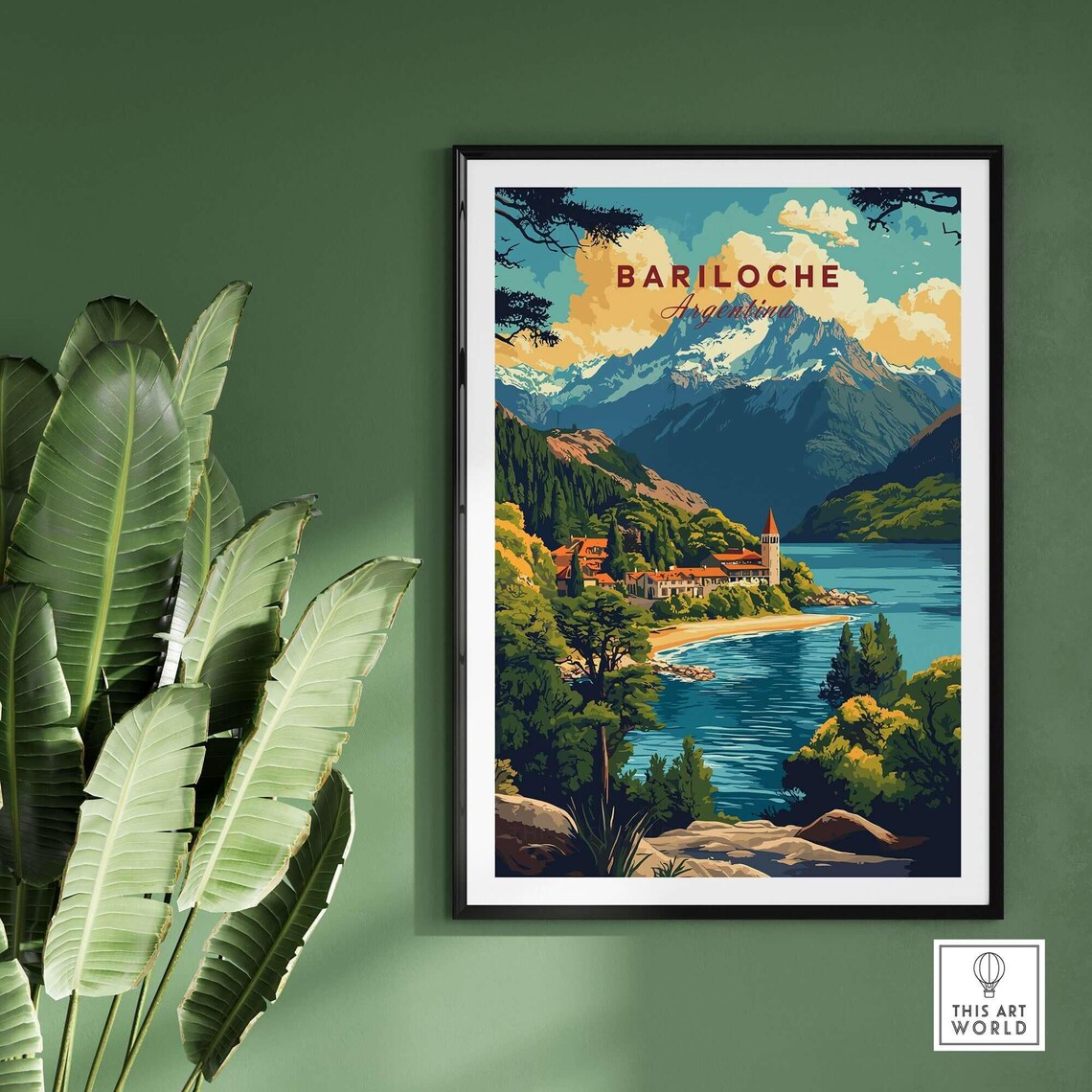 Bariloche Argentina Lakeside Hotel Snowy Peak Travel Art Poster - Image 3