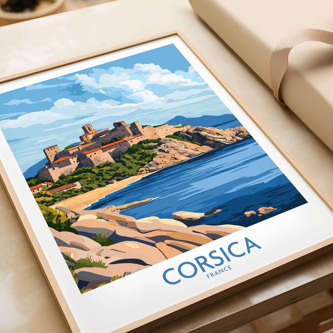 Corsica France Hilltop Citadel Rocky Coast Vintage Travel Poster