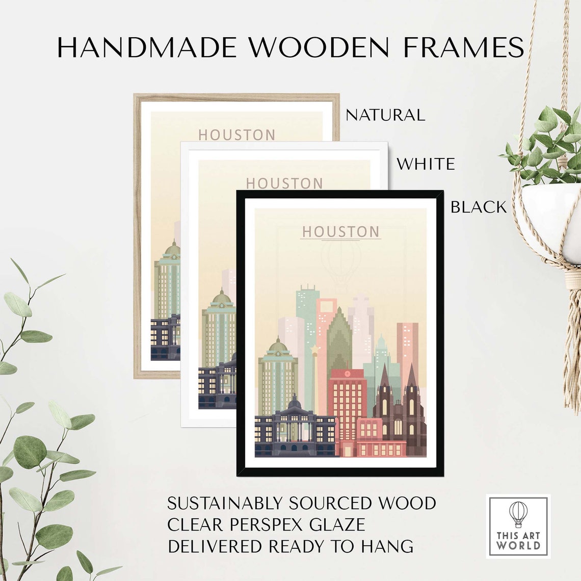 Houston Texas Pastel Skyline Cityscape Downtown Travel Poster - Image 2