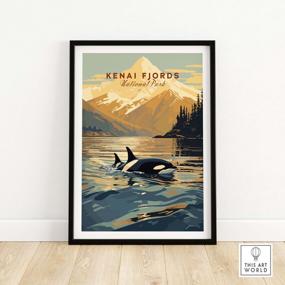 Kenai Fjords National Park Orca Whale Vintage Travel Poster Art
