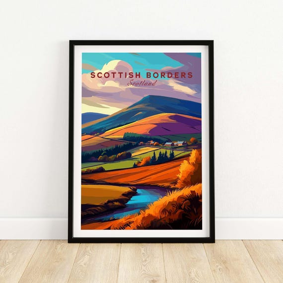 Scottish Borders Valley Travel Print Autumn Landscape Scotland Stream Poster Wall Art Gift Lovers Illustration Eildon Hills