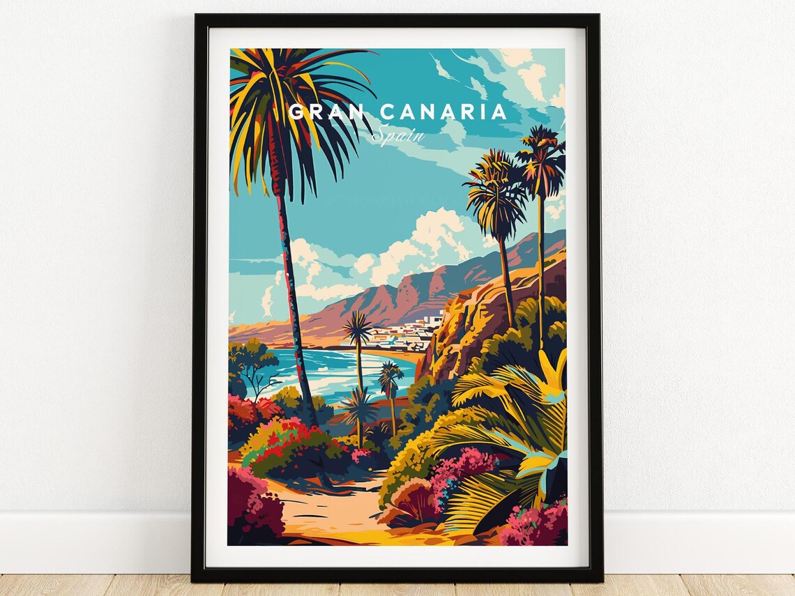 Gran Canaria Spain Palm Trees Coastal Cliff Sunset Art Poster