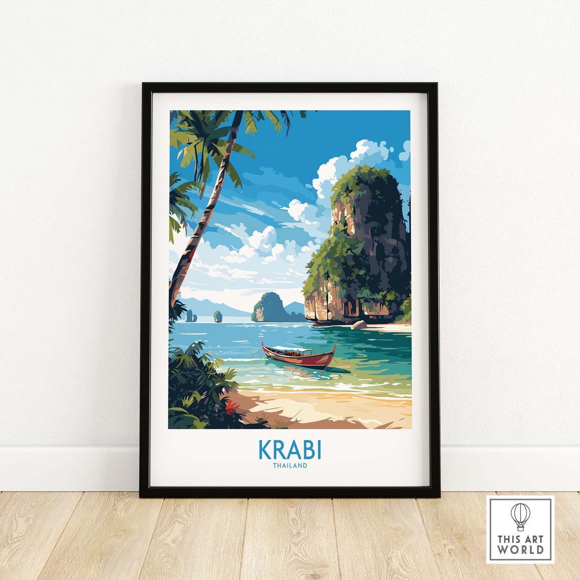 Krabi Thailand Limestone Karst Longtail Boat Beach Travel Poster