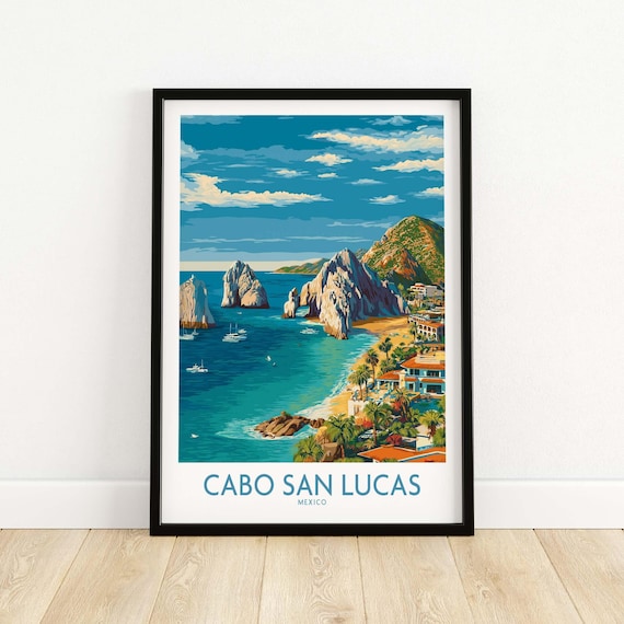 Mexico Cabo San Lucas Coastline Travel Poster Resort View Print Seascape Wall Art Gift Lovers Illustration