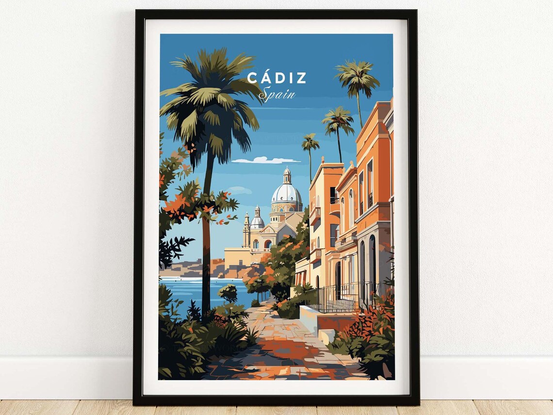 Cadiz Spain Palm Lined Cathedral Seaside Promenade Travel Poster