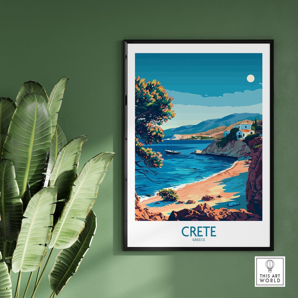 Crete Greece Rocky Shore Beach Moon Sea Landscape Art Poster - Image 2