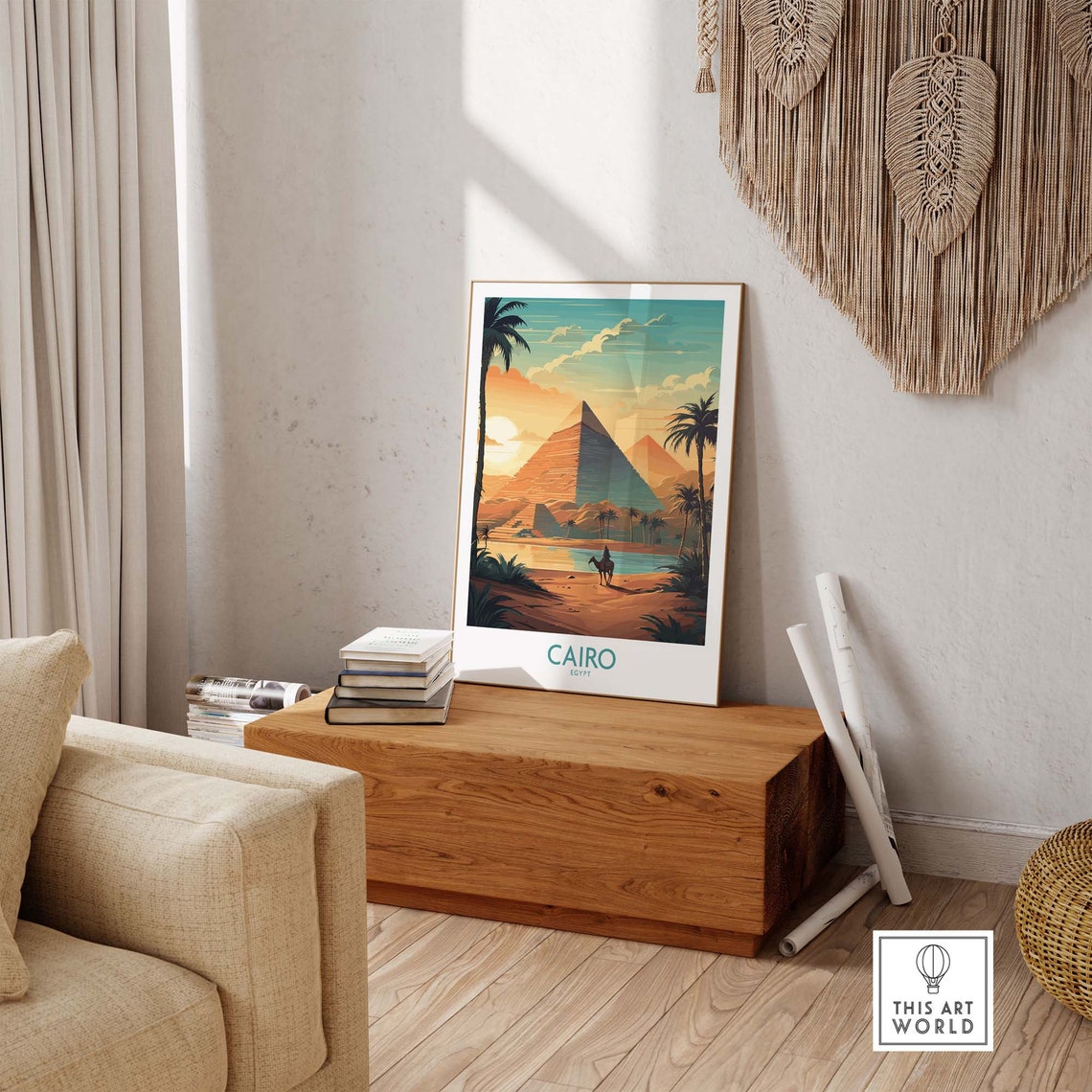 Retro Cairo Egypt Pyramids Sunset Camel Rider Golden Light Poster - Image 2