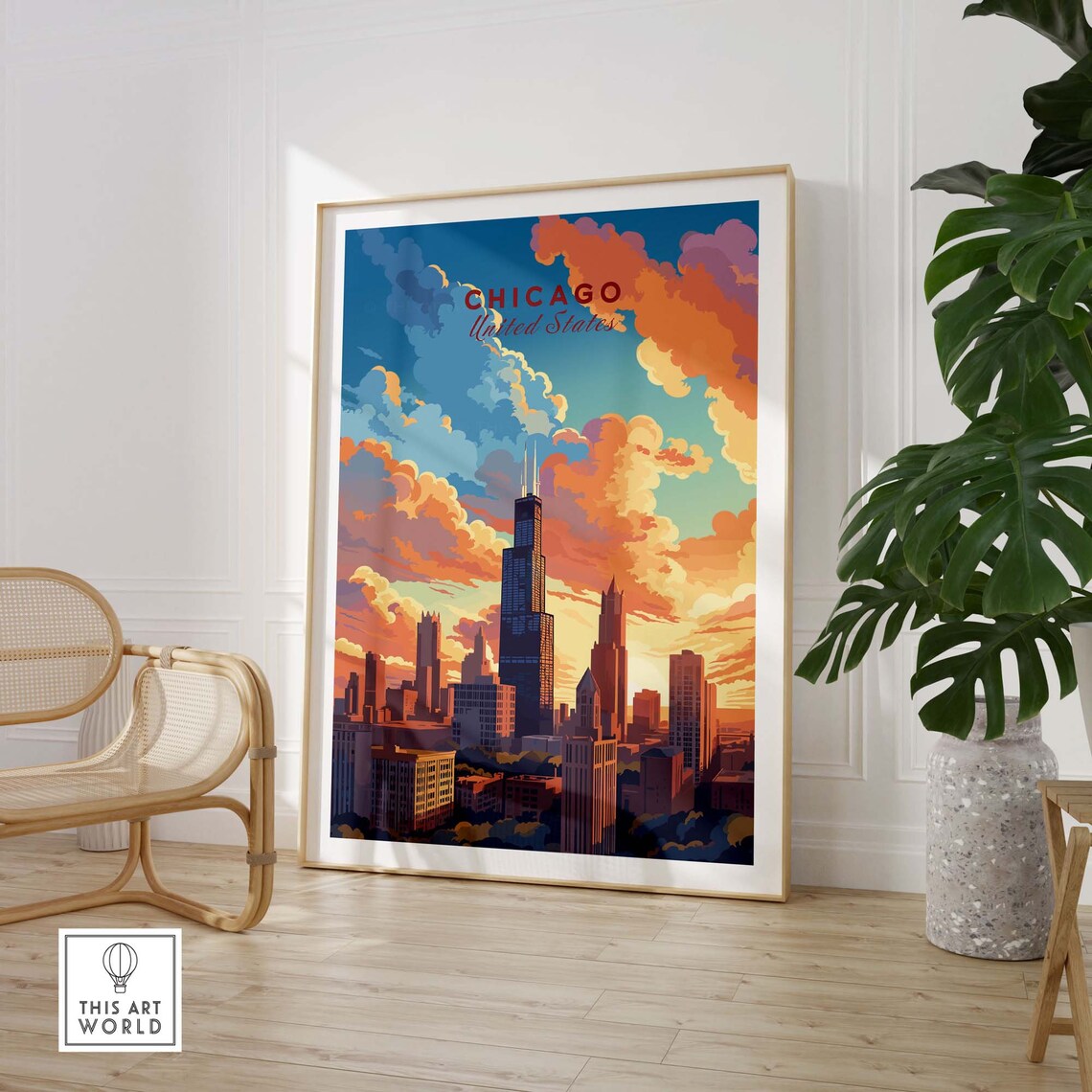 Chicago Willis Tower Sunset Skyline United States Travel Poster - Image 3