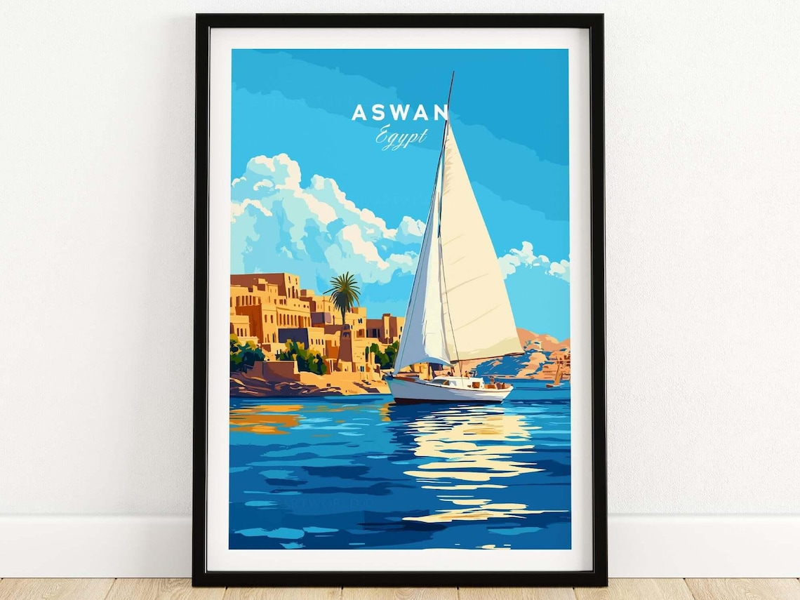 Aswan Egypt Felucca Sailboat Nile River Vintage Travel Poster