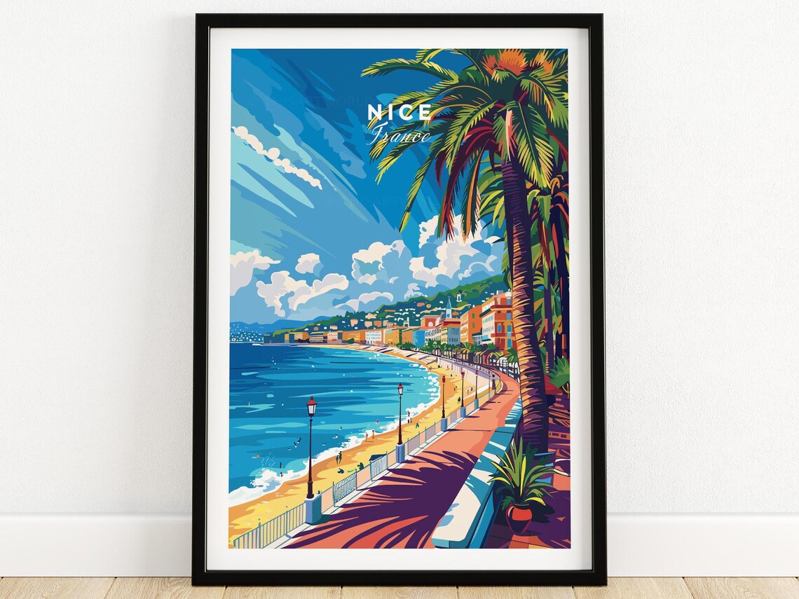Nice France Sunny Bay Beach Promenade Lamps Palm Art View Poster