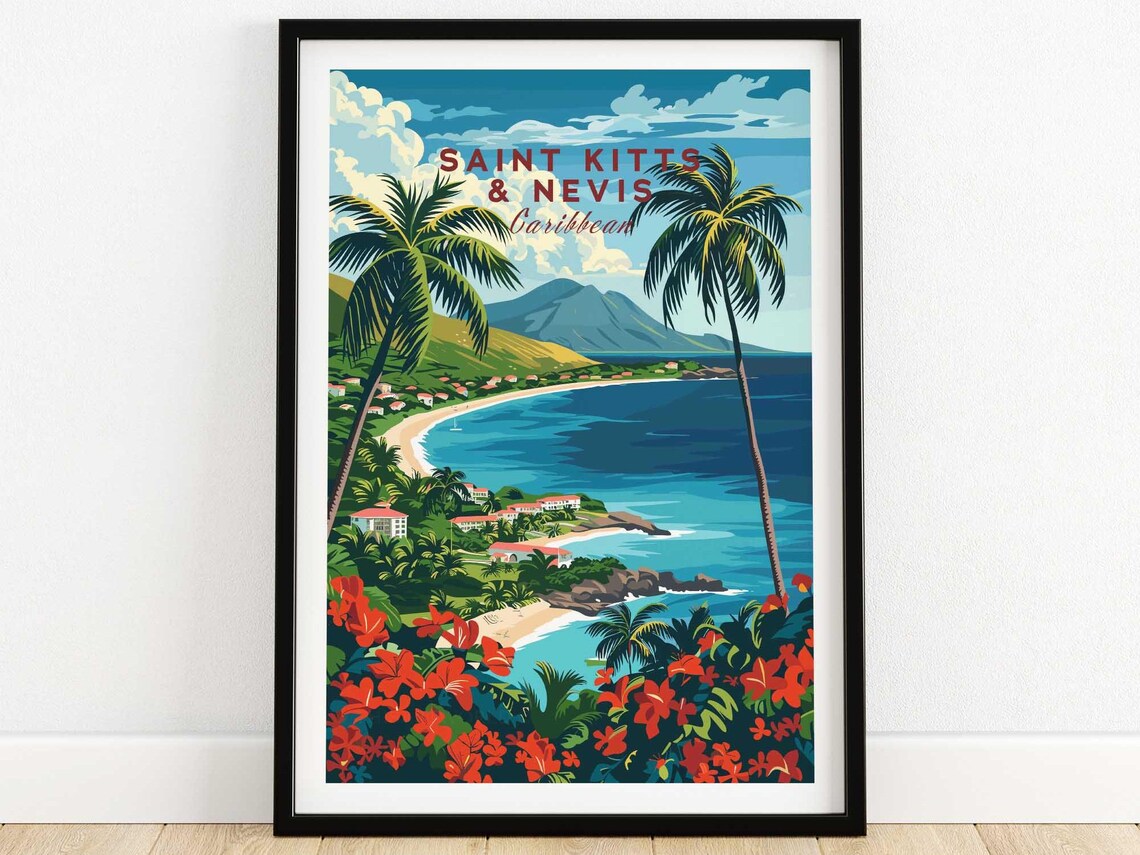 Saint Kitts and Nevis Caribbean Bay View Palms Travel Poster