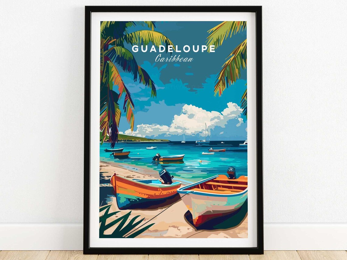 Guadeloupe Caribbean Fishing Boats Beach Vintage Travel Poster