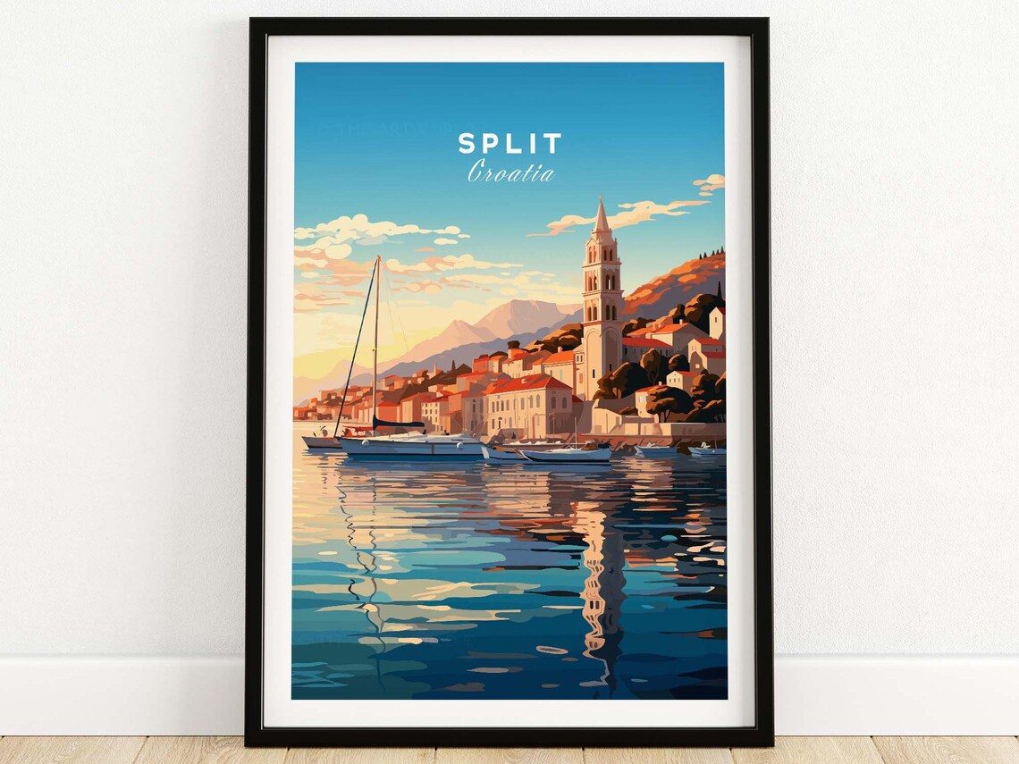 Split Croatia Harbor Sunset Sailboats Bell Tower Retro Poster