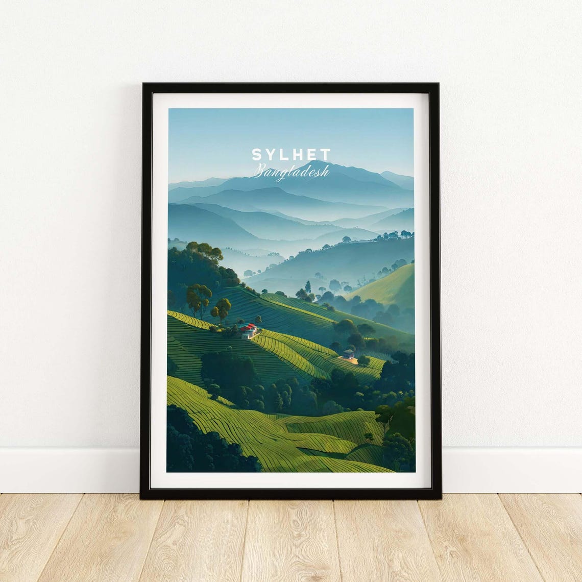 Sylhet Bangladesh Tea Fields Misty Hillside Landscape Travel Poster