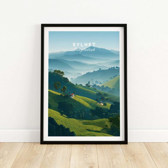 Sylhet Bangladesh Tea Fields Print Serene Hillside Landscape Poster Mountain And Green Plantation Wall Art Tranquil Nature Scene