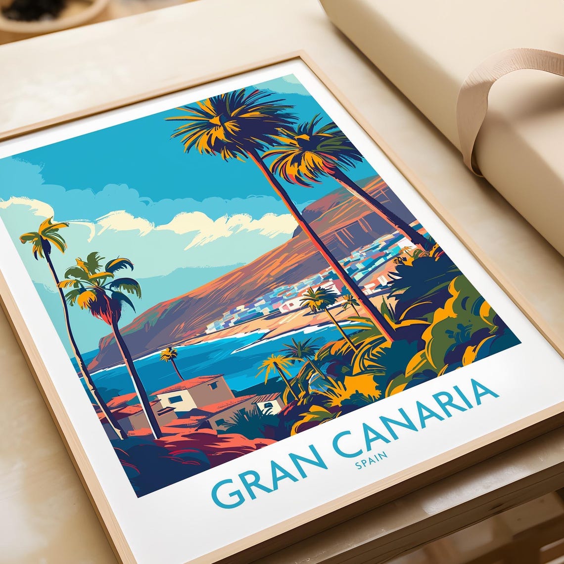 Gran Canaria Spain Seaside Town Palms Mountain Coast Art Poster