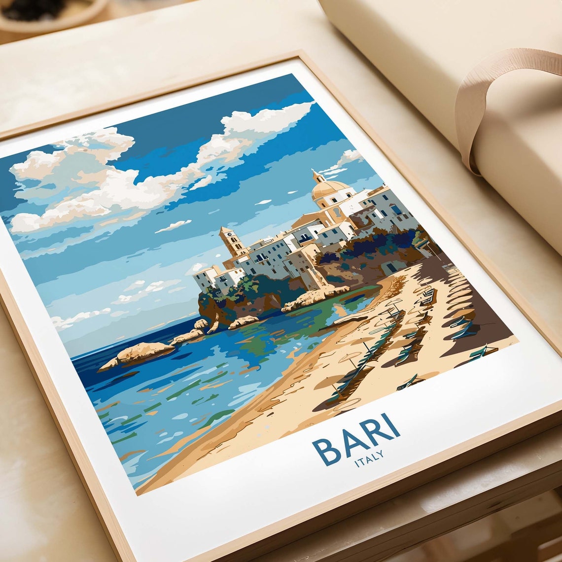 Bari Puglia Beach Umbrellas Old Town On Cliff Coastal View Poster