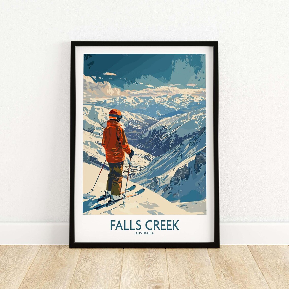 Falls Creek Australia Ski Poster Skier Overlooking Snowy Mountain Peaks